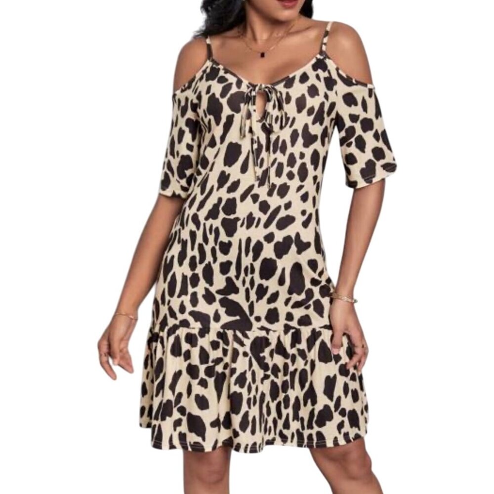 Womens Medium Animal Print Cold-Shoulder Dress